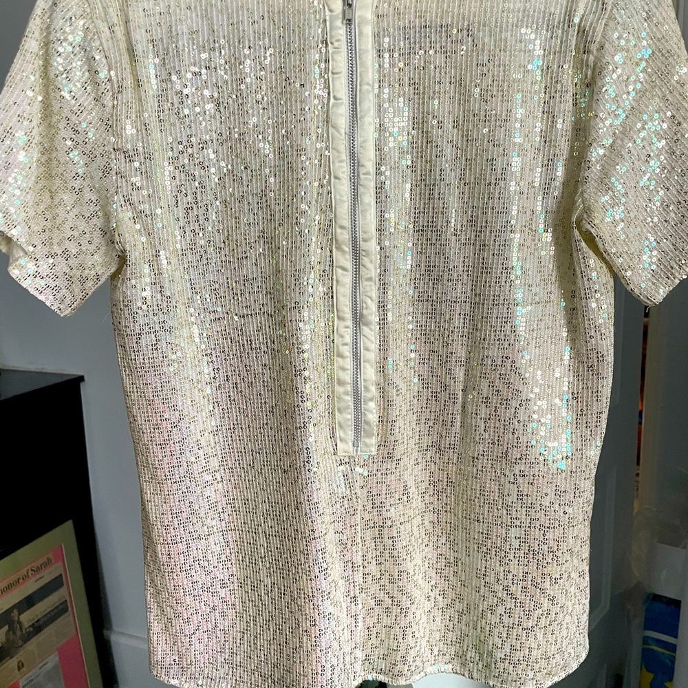 Iridescent white Sequin semi-formal embellished t-style top with zip back detail
